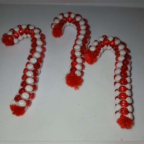 NWT Handcrated Red and White Beaded Candy Cane Ornaments. Set of 3. - Picture 3 of 5